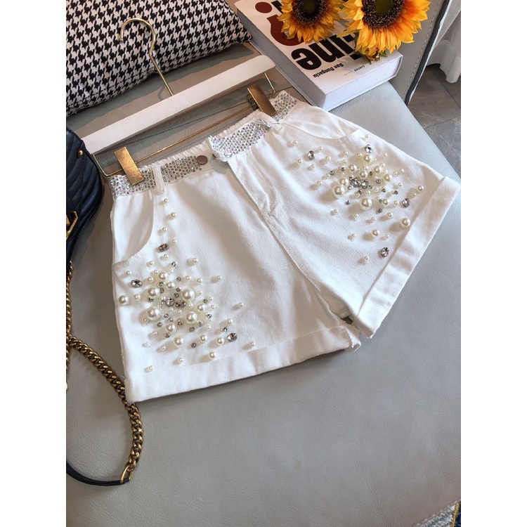 [pure cotton] European station denim shorts women's 2022 summer new heavy industry nail beaded drill high waist a wide leg trousers