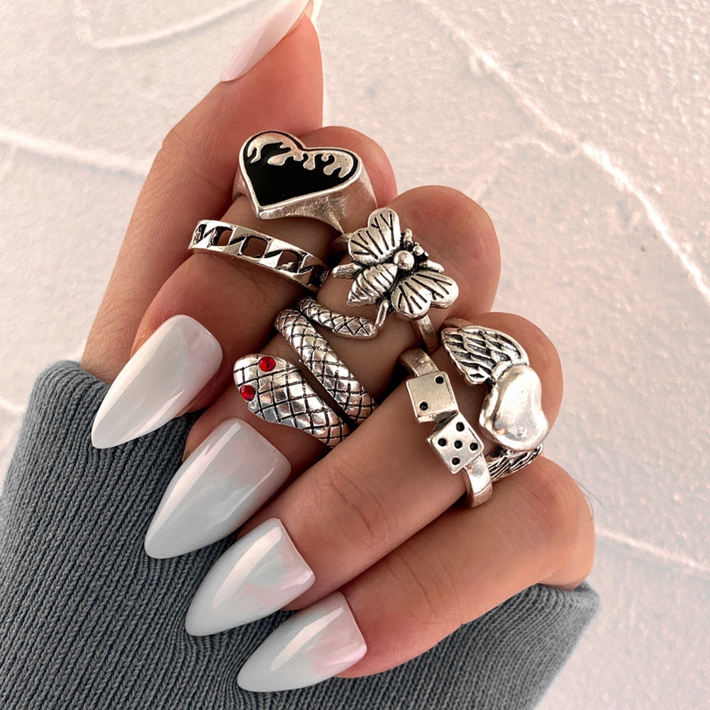 Bộ Bảy Nhẫn Đeo Tay Kim Loại Phong Cách Vintage Có Thể Điều Chỉnh Cho Nữ
