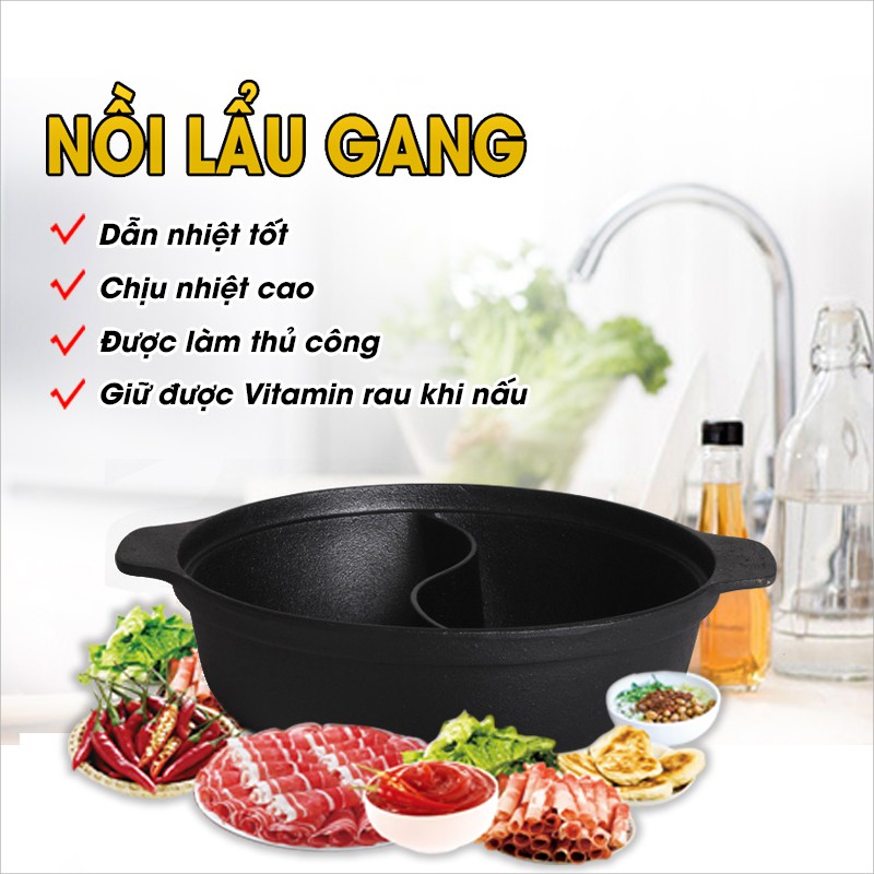 Nồi lẩu 2 ngăn bằng gang đúc nguyên khối - Chuyên dùng trên bếp từ và bếp hồng ngoại