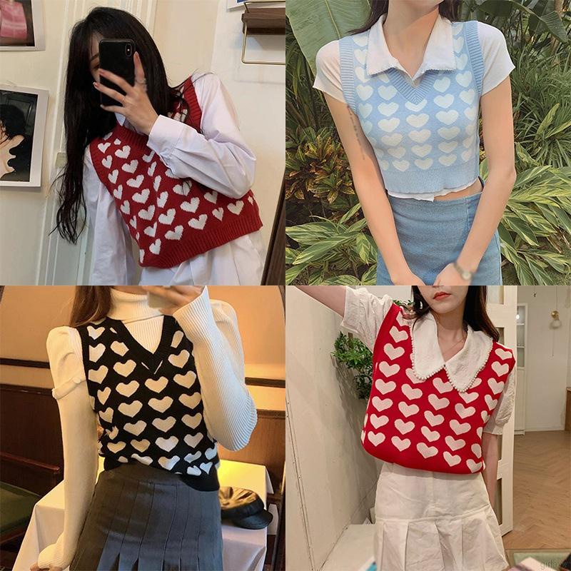 Áo Dệt Kim Sát Nách Cổ Chữ V In Hình Trái Tim Kiểu Retro Hàn Quốc Dễ Phối Đồ Cho Nữ | BigBuy360 - bigbuy360.vn