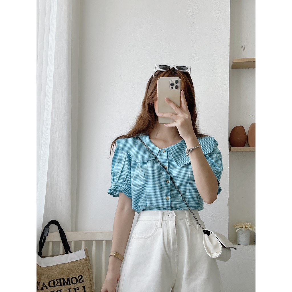 Áo kiểu caro cổ bèo chất vải mềm mịn lên form chuẩn Xonxen shop free size 76