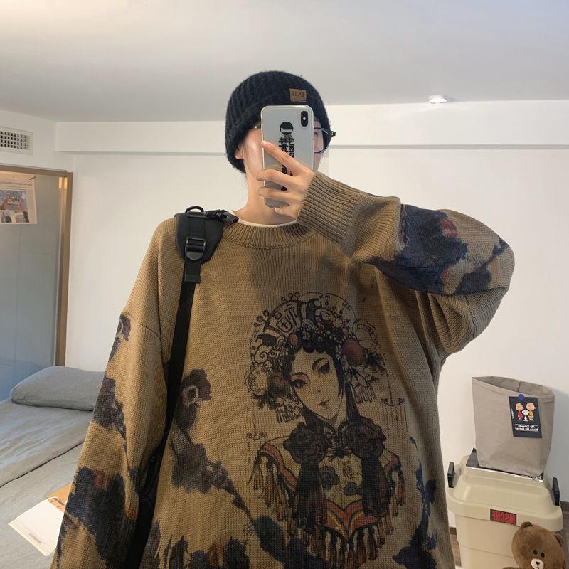 Áo Sweater Dệt Kim Dáng Rộng In Họa Tiết Phong Cách Hàn Quốc Thời Trang Xuân Thu Cho Nam