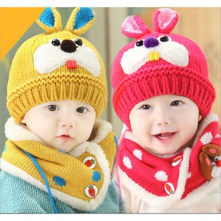 Set bộ mũ len tai thỏ kèm khăn cho bé