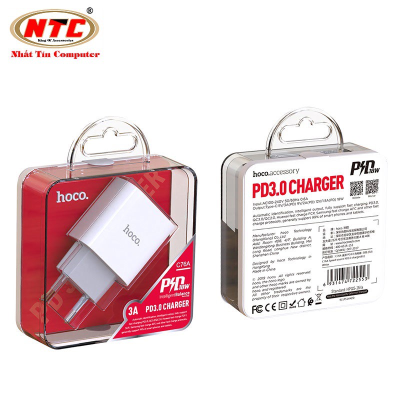 Cốc sạc nhanh Hoco C76A hỗ trợ PD3.0 Type-C PD18W (Trắng) - Hàng chính hãng