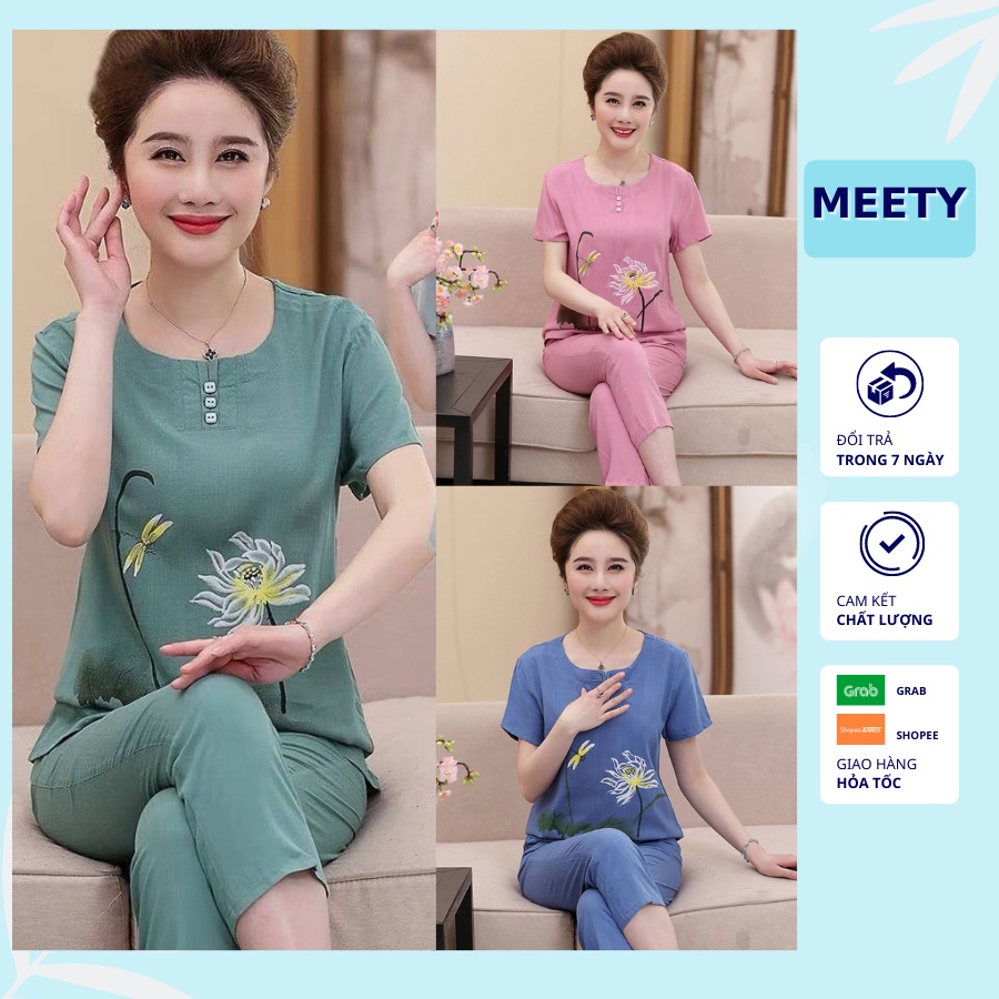 Đồ Trung Niên Nữ Cho Mẹ Mặc Nhà Bigsize từ 42-75kg Thêu Hoa Vải Đũi Trơn Mềm Mát Thấm Hút Mồ Hôi Có 3 Màu TN15 - Meety