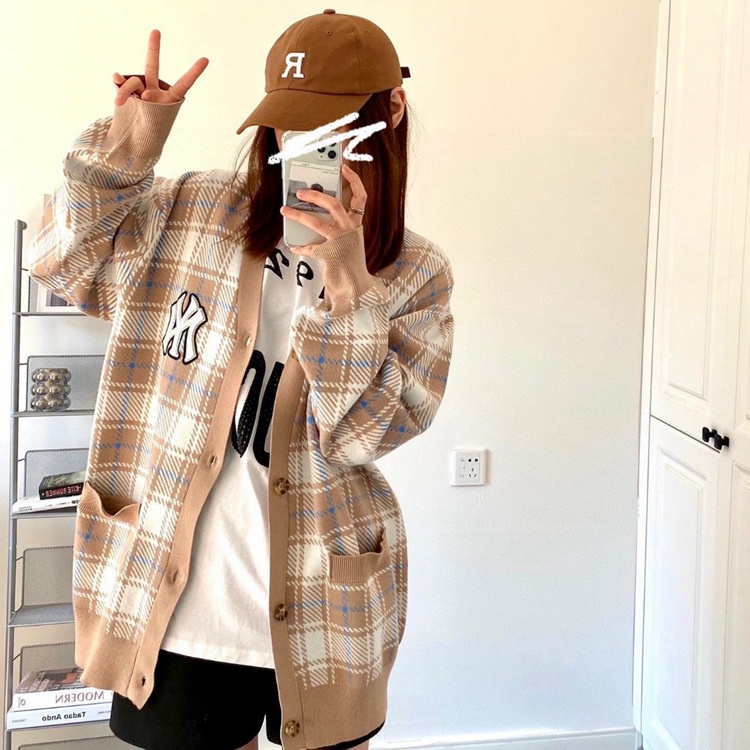 MLB Áo Khoác Cardigan Dệt Kim Thêu Họa Tiết Sọc Ca Rô Phong Cách Hàn Quốc Thời Trang Mùa Thu Hàng Mới 22 A82