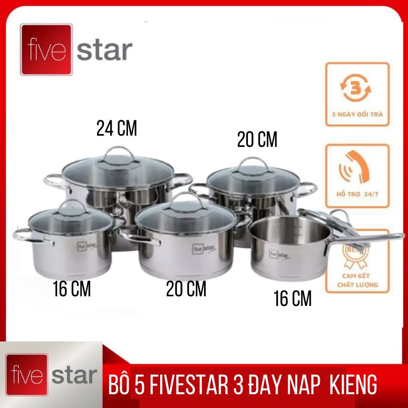 BỘ 5 nồi quánh cao cấp FIVESTAR PLUS kiểu silit nắp kiếng 16/16/20/20/24 CM ( HÀNG CHÍNH HÃNG BẢO HANH 5 NĂM)
