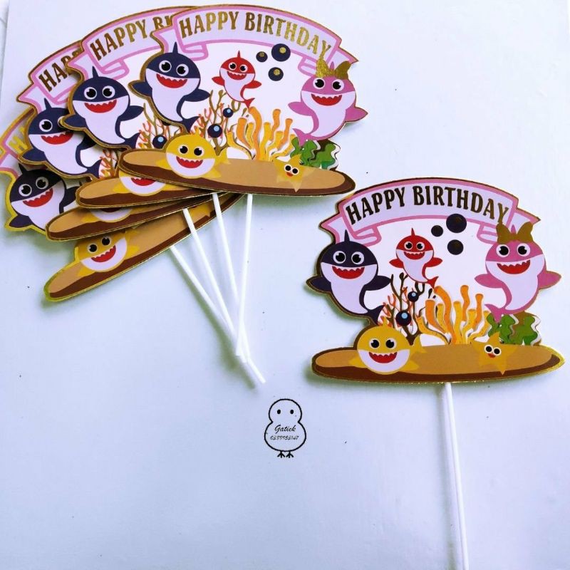 10 thẻ cắm cá mập baby shark trang trí bánh kem sinh nhật, topper cake