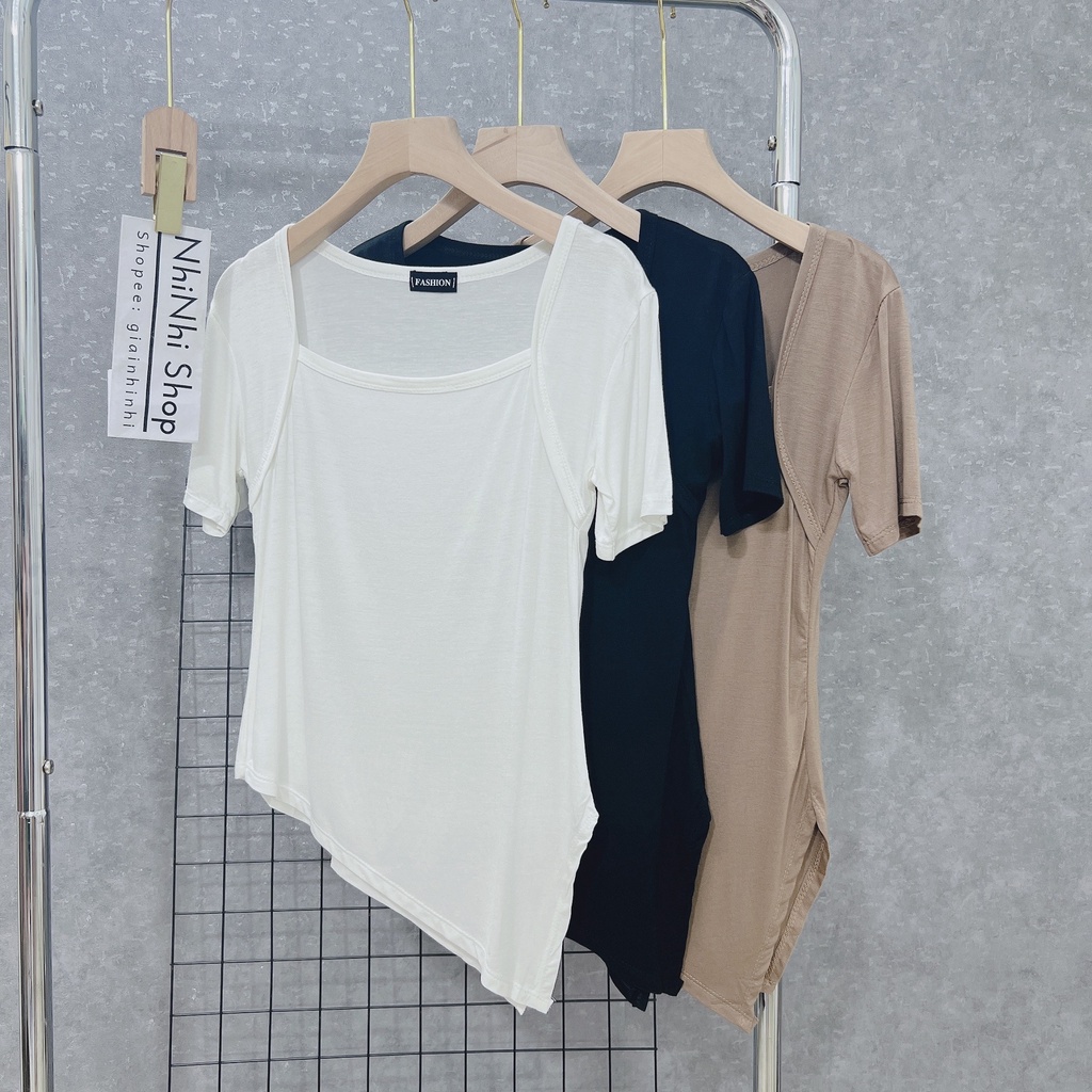 Áo thun nữ dáng ôm cổ vuông vạt lệch nhọn, Áo kiểu thun dẻo co giãn AT12 - NhiNhi Shop