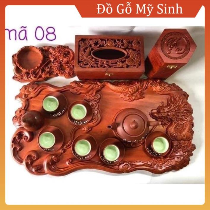 Combo đồ gỗ mỹ nghệ mini song long rồng ấm chén khay trà  gỗ hương đỏ, Đồ gỗ nội thất cao cấp hộp giấy lọ tăm