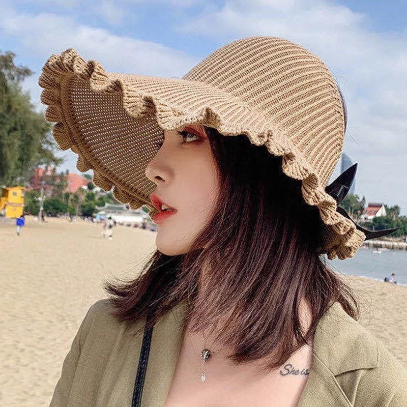 Mũ cói nửa đầu thắt nơ viền bèo hàn quốc