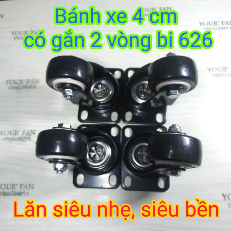 Bộ 4 bánh xe xoay 360°, 4 cm, không khóa , sử dụng 2 vòng bi 626, giúp bánh xe di chuyển nhẹ nhàng, êm ái, siêu bền