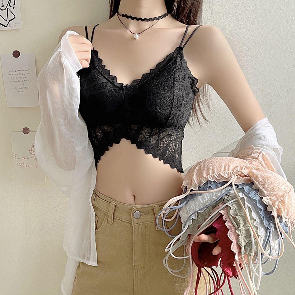 QQMALL Áo Lót Hai Dây Phối Ren Hoa Màu Trơn Thoáng Khí Thời Trang Cho Nữ