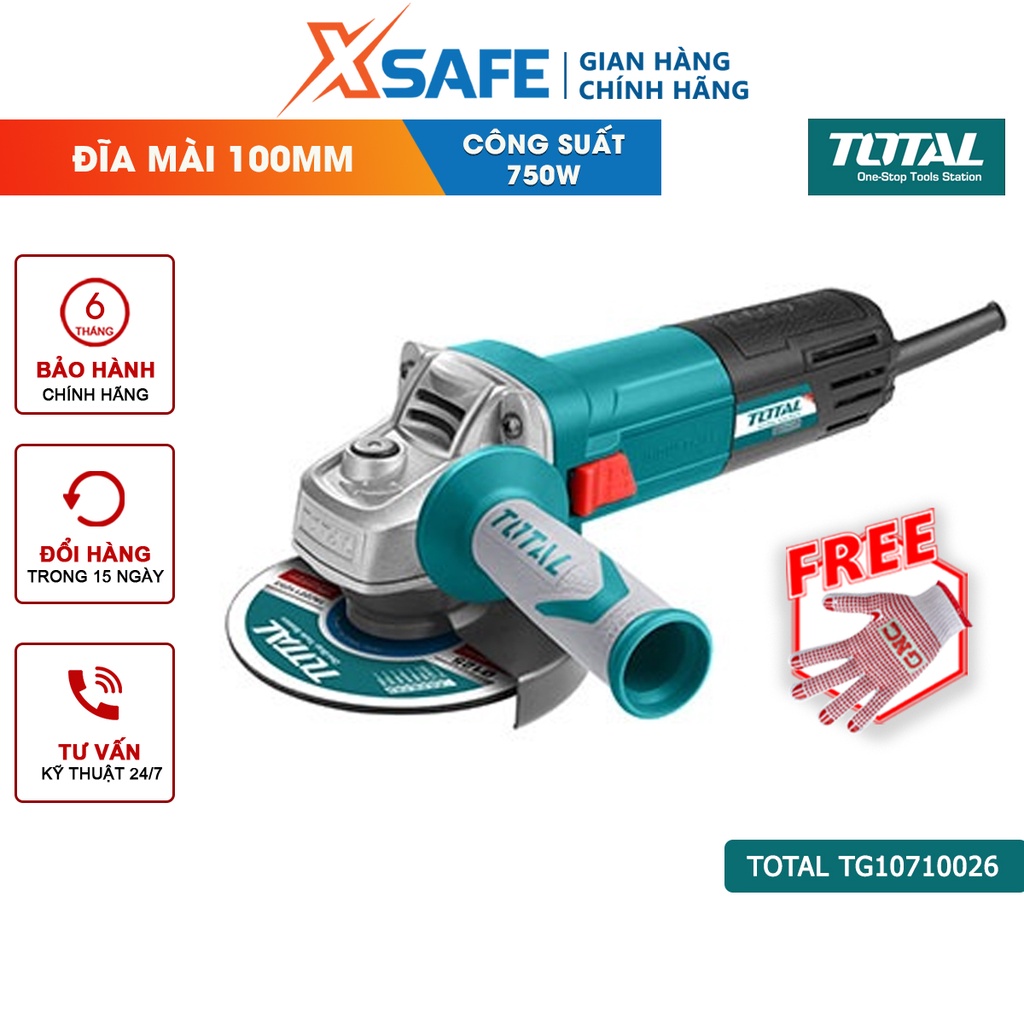 Máy mài góc TOTAL TG10710026 suất lớn 750W, đường kính đĩa mài 100mm, trục chính M10, an toàn gọn tay tuổi thọ cao