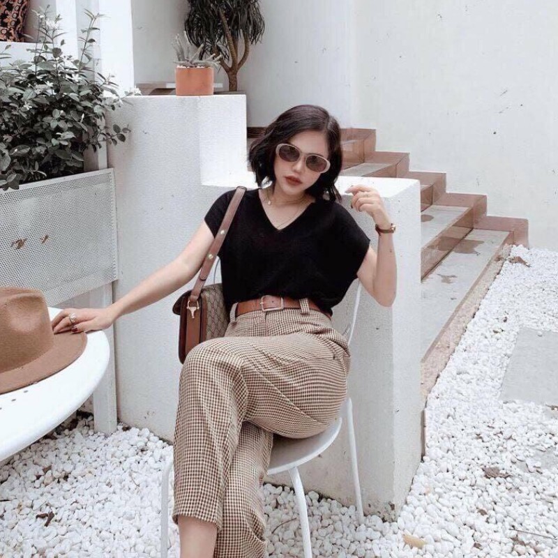 Sét đồ nữ 3 món SDT01 jumpsuit, áo pull cổ tim mix quần dài kẻ kèm đai thời trang trong bộ sưu tập quần áo công sở 2021 | BigBuy360 - bigbuy360.vn