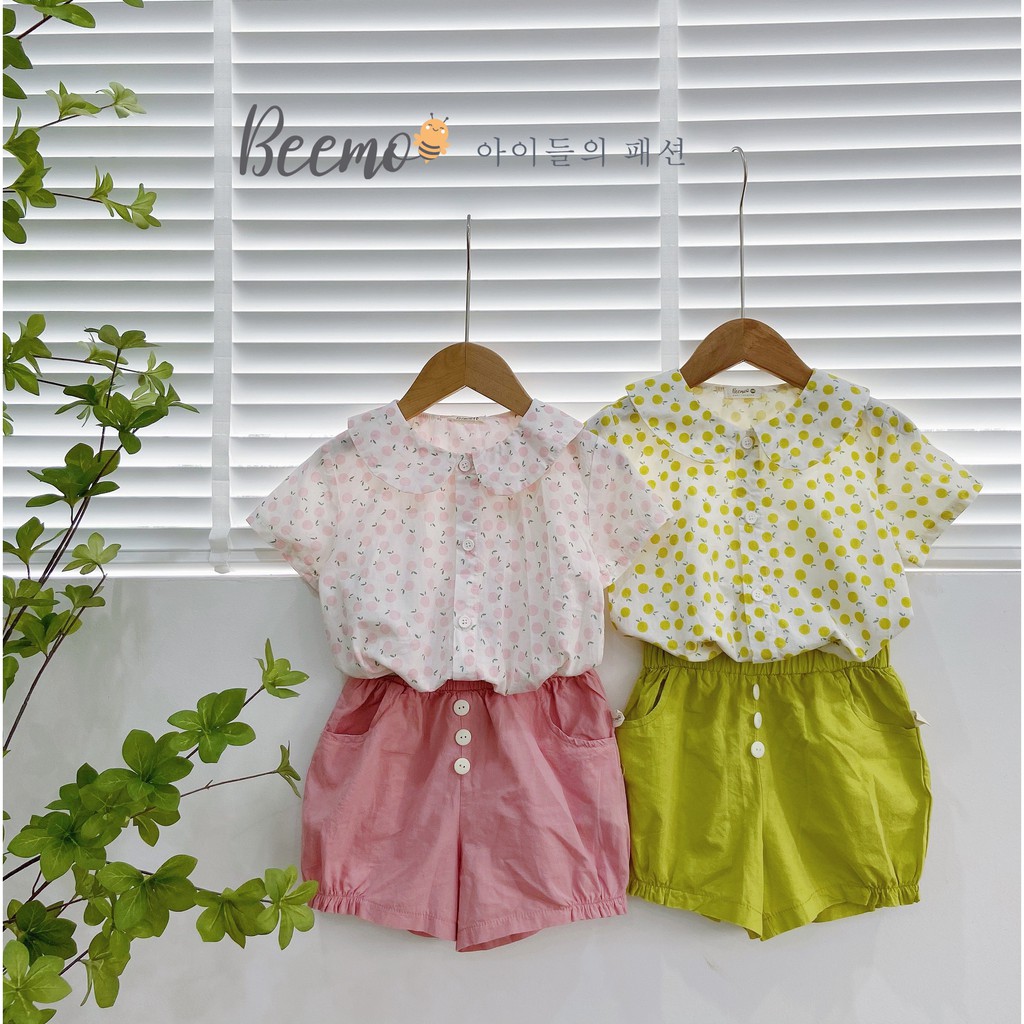 Sét trang phục viền bèo bé gái Beemo - Chất liệu thô mềm mại phối quần cotton mát mẻ ,hoạ tiết in nổi trước ngực B060