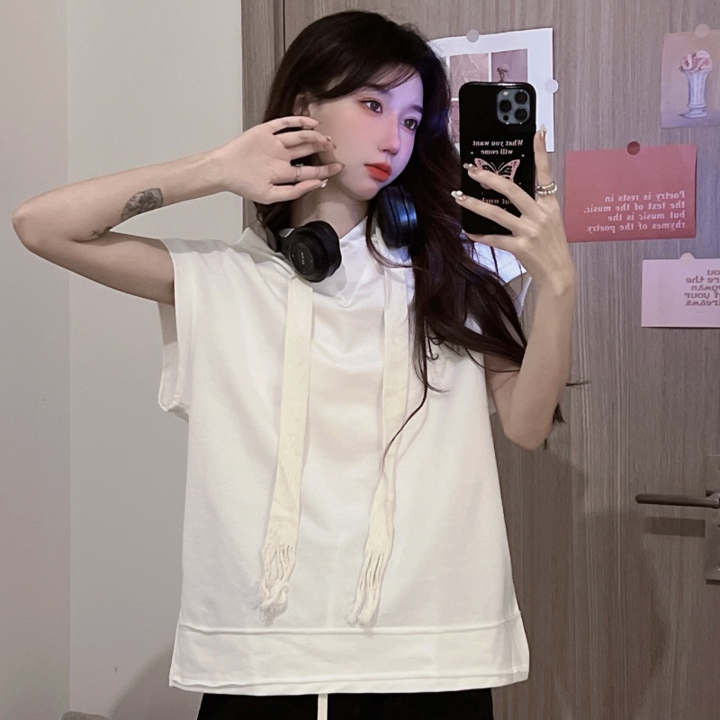 Áo Hoodie Không Tay Dáng Rộng Màu Sắc Đơn Giản Cho Nữ