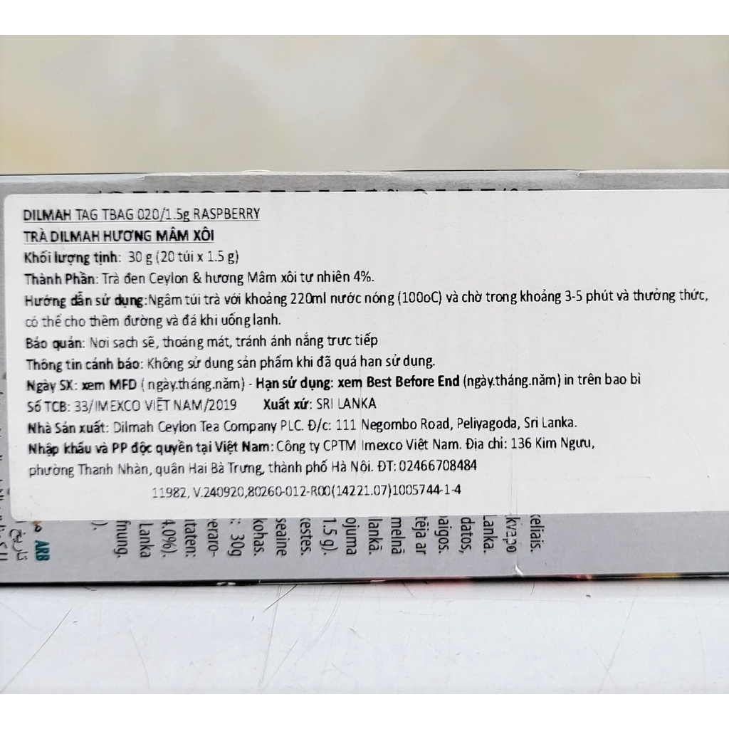 [Hộp 30g – RASPBERRY] TRÀ ĐEN TÚI LỌC HƯƠNG MÂM XÔI [Sri Lanka] DILMAH Ceylon Black Tea