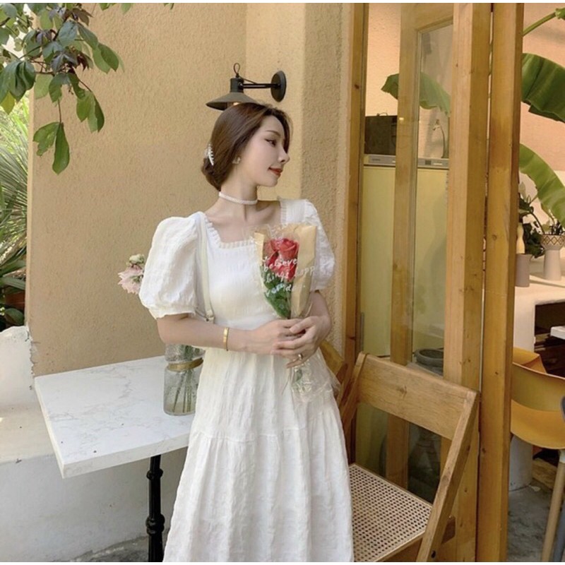 ĐẦM MIDI TRẮNG CÔ VUÔNG VIỀN NƠ LƯNG