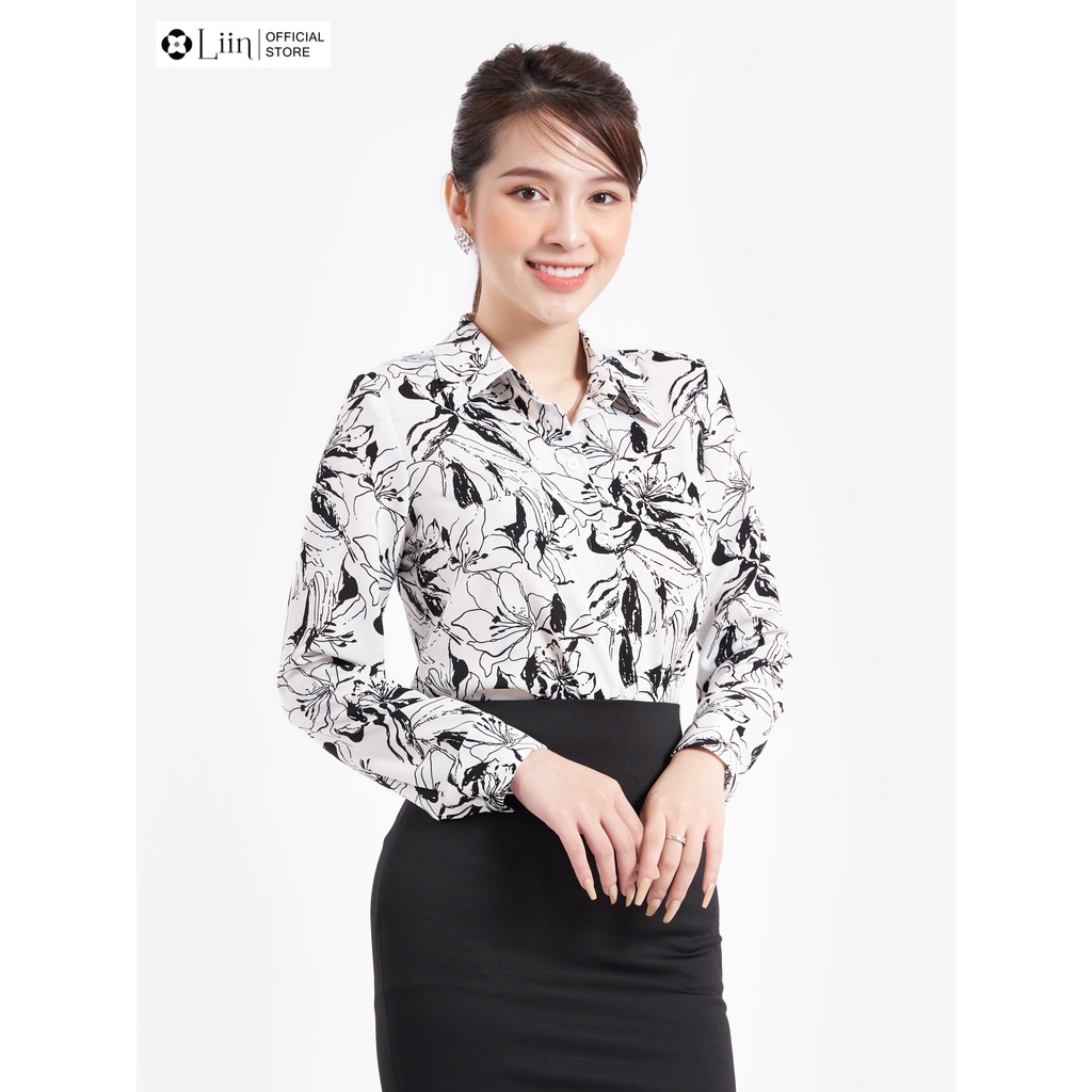 Áo sơ mi nữ dài tay màu trắng hoa đen phong cách trẻ trung, hiện đại Liin Clothing SM4035-1221