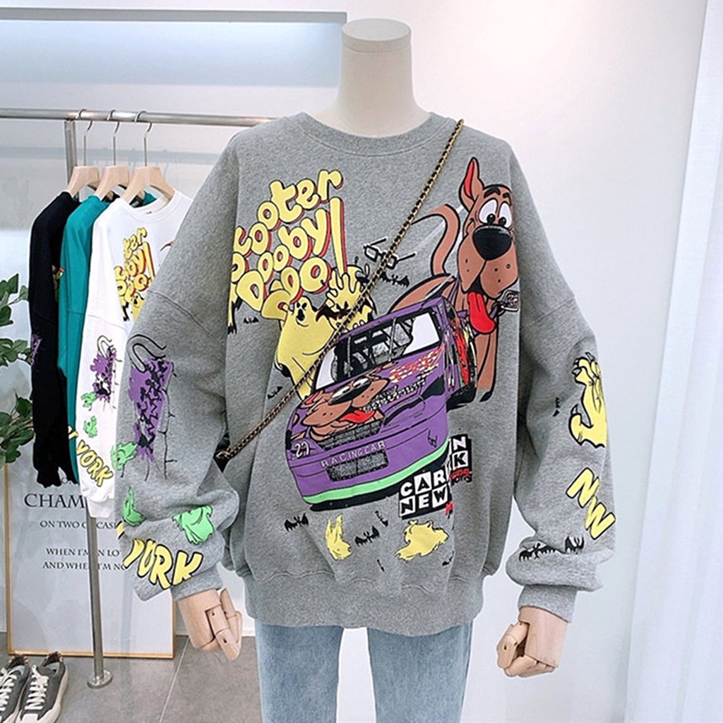 Áo Hoodie Cổ Tròn Tay Dài Dáng Rộng In Họa Tiết Hoạt Hình Thời Trang Thu Đông Cho Nữ