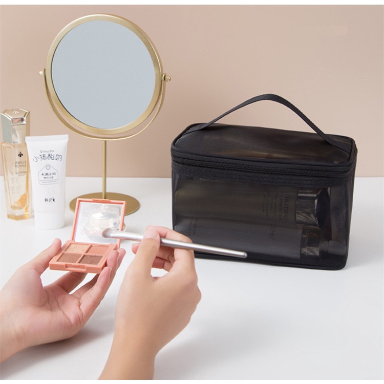 Túi Lưới Polyester Đựng Mỹ Phẩm / Đồ Trang Điểm Màu Đen Có Tay Cầm Trong Suốt Ốp