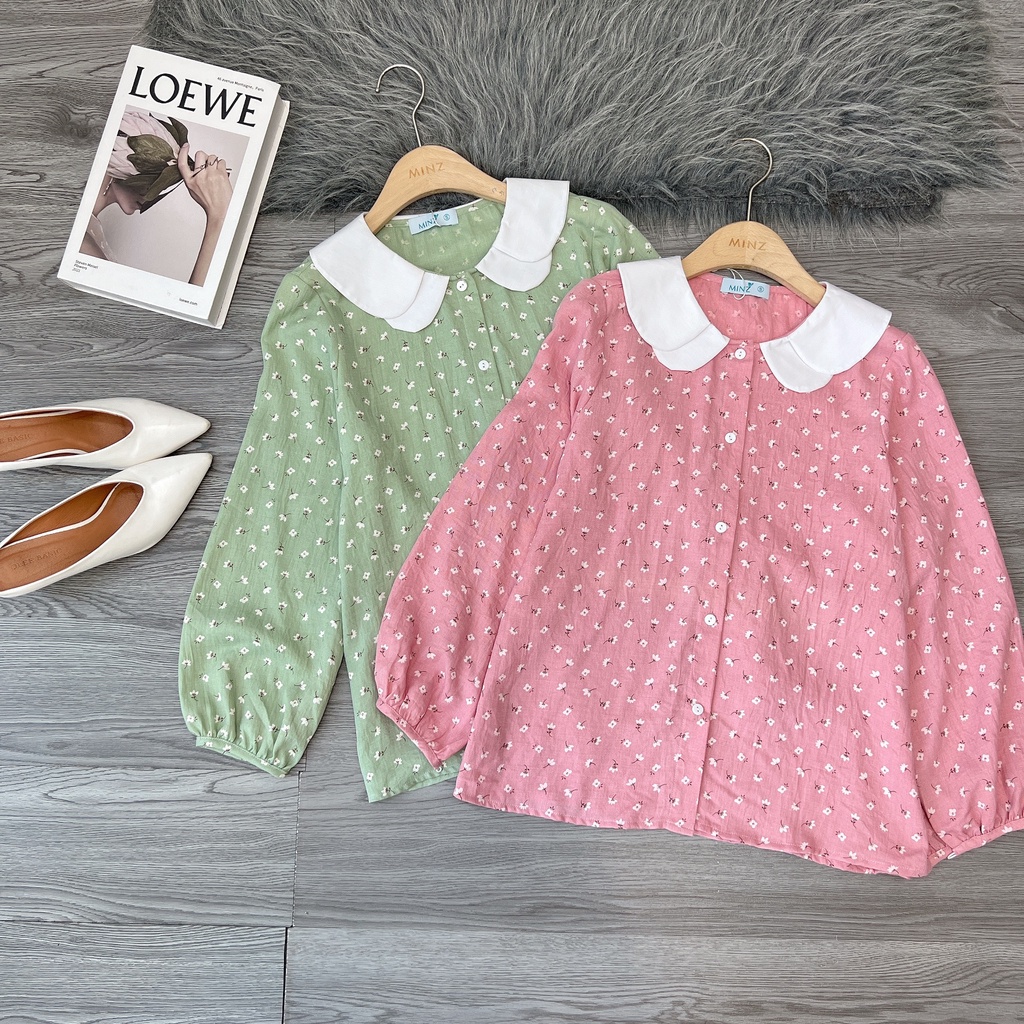 Áo Sơ Mi Dài Tay Cách Điệu Nữ Minz Store, Thiết Kế Hoa Nhí Cổ Sen Trắng 2 Tầng