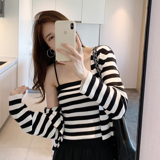 SUXI Set áo cardigan tay dài kẻ sọc và áo hai dây phong cách Hàn Quốc thời trang mùa thu
