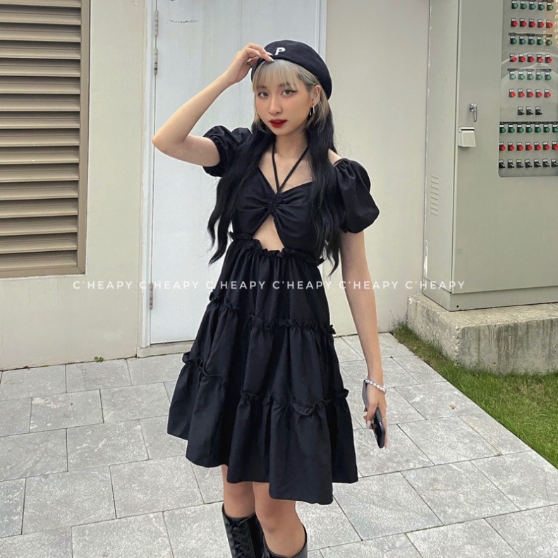 Đầm babydoll tiểu thư, váy nữ sang chảnh rút dây khoét eo ullzang _Rosyhana