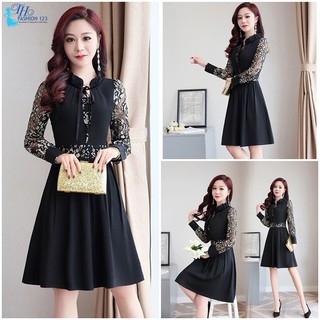 Đầm dự tiệc nữ tay dài màu đen phối ren thắt nơ cổ
