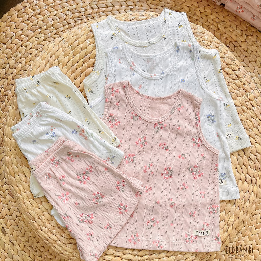 Bộ cotton thun Hàn bé gái SÁT NÁCH kiểu dệt jacquard hoa nhí Ecobambi