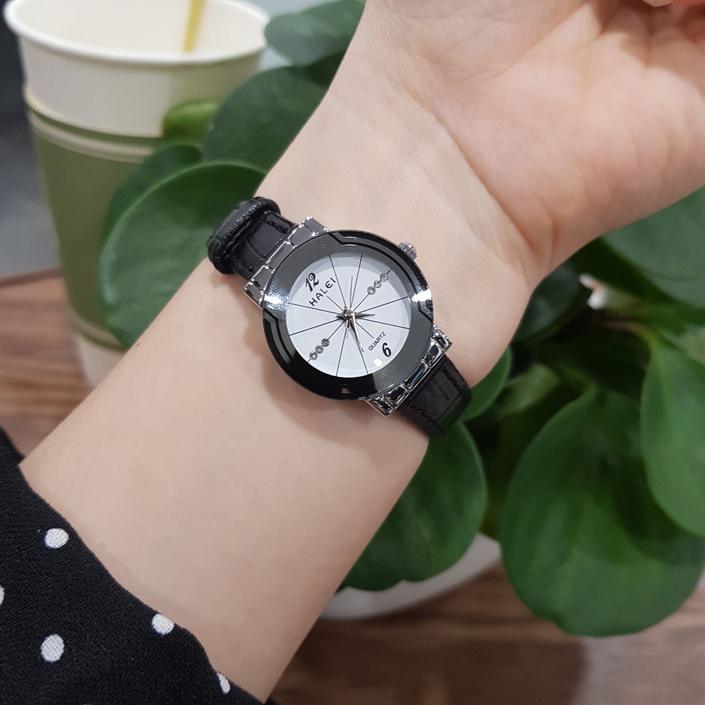 Đồng hồ nữ dây da Halei dây đen mặt đen chính hãng Tony Watch 68