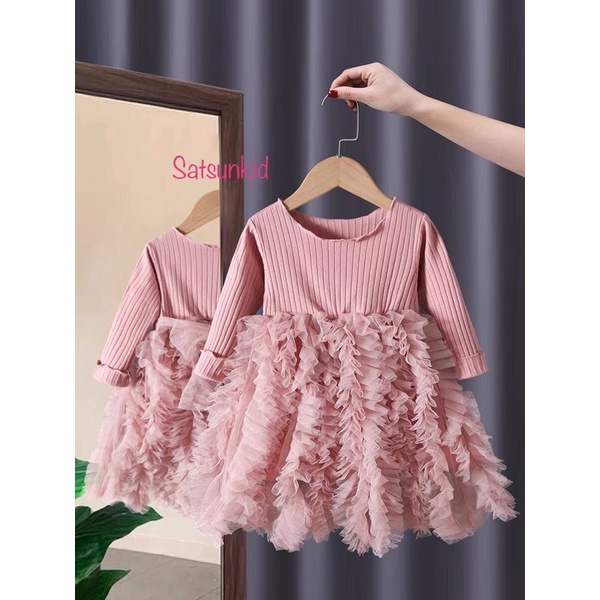 Váy bé gái công chúa hồng phối len tăm siêu xinh size 1-6 satsunkid bé bụ mặc đẹp