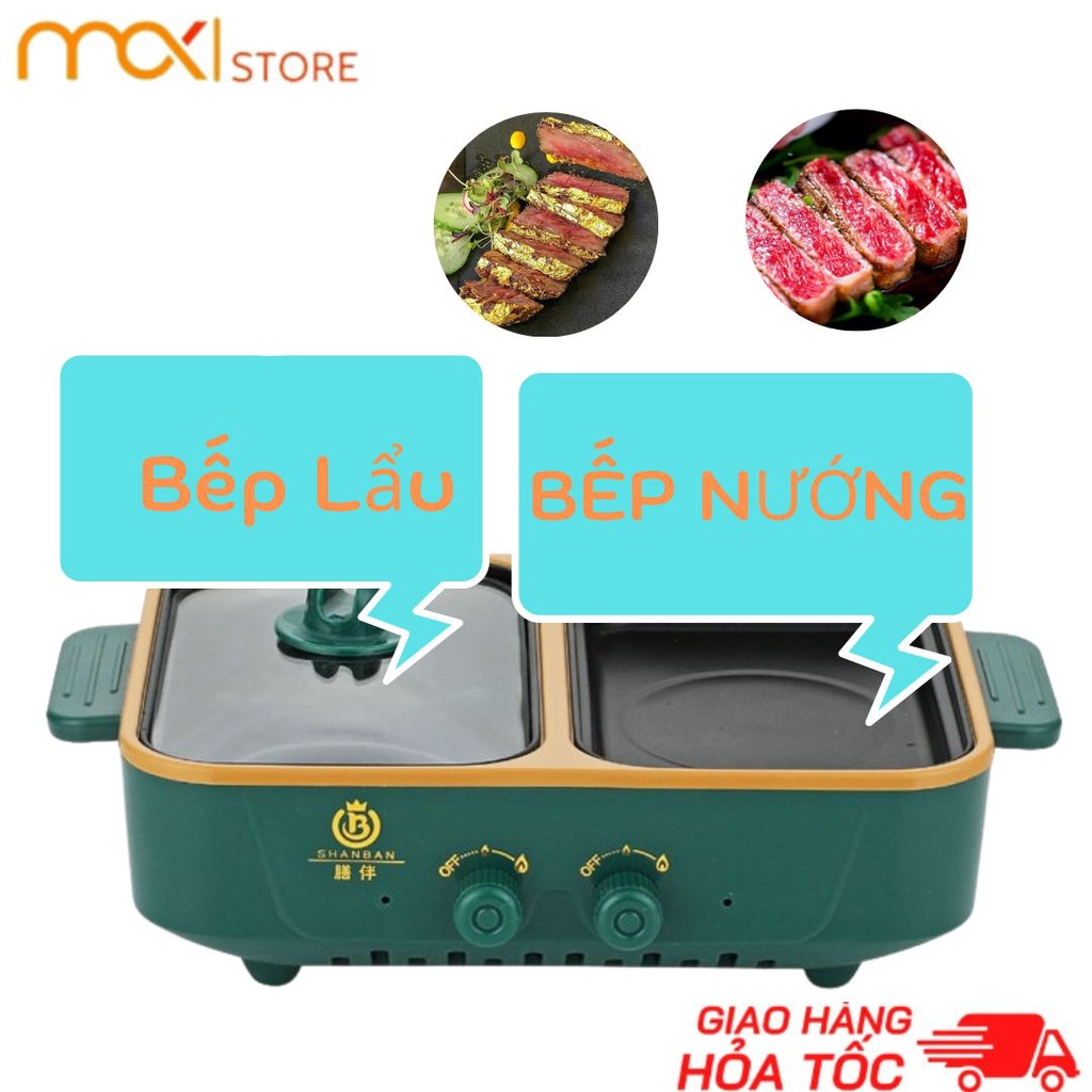 [ HCM MÀU XANH ] Bếp Lẩu Nướng Mini 2 Ngăn SHABAN, 2 chế độ nấu cùng lúc, chế độ nhiệt điều chỉnh, 2 ngăn chống dính