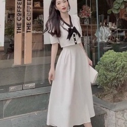 Đầm Váy Nữ Trắng Đen Kết Nơ Kèm Cúc Xinh Xắn, Set Đồ Nữ Áo Croptop Kèm Chân Váy Dáng Xòe Cho Nàng Đi Chơi,dạo Phố Mp