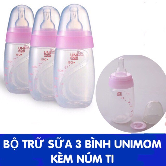 Bộ bình sữa kèm núm ti và nắp đậy bình trữ sữa Unimom 150ml Hàn Quốc