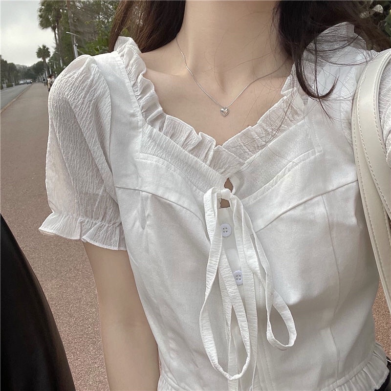 Áo Croptop nữ tay ngắn dáng ôm phối nhún phong cách Hàn Quốc mã QD0136