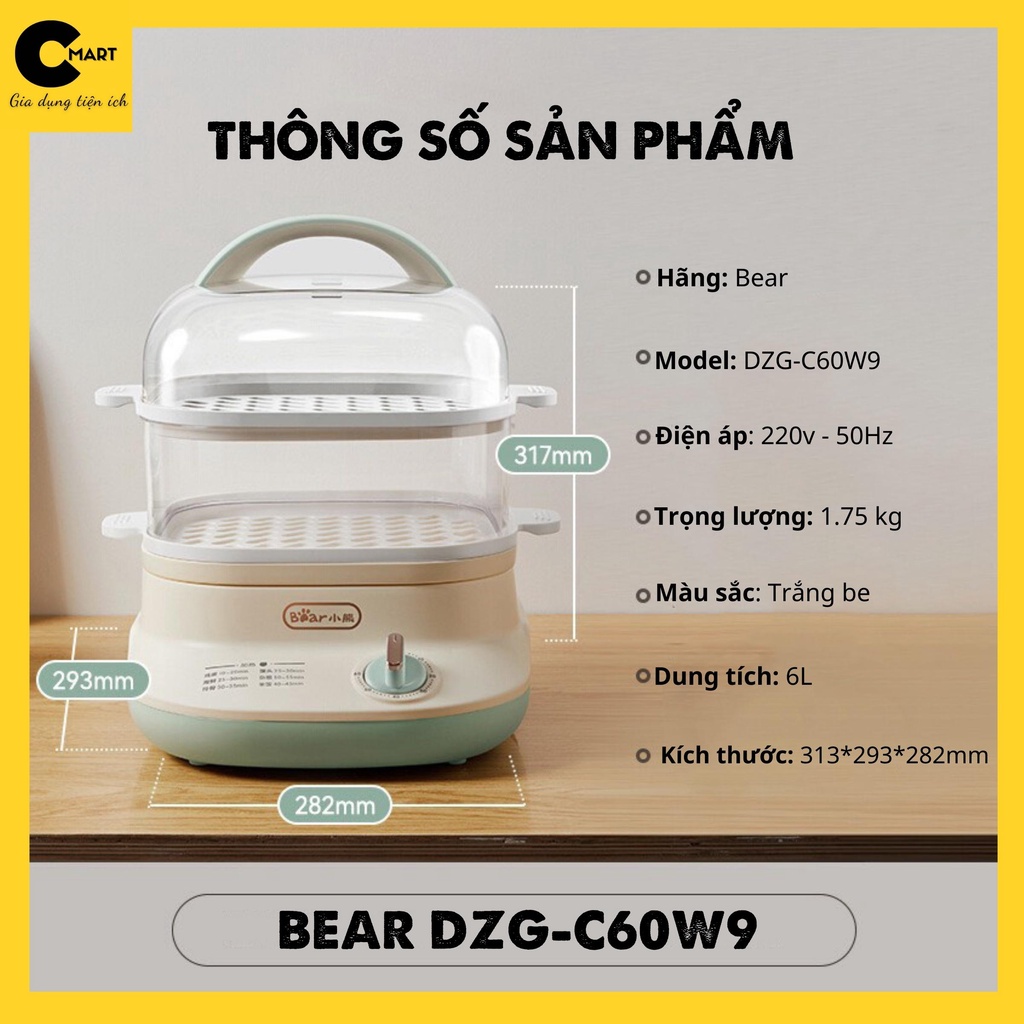 [SẴN HÀNG] Nồi Hấp Hai Tầng Bear DZG-C60W9 Chính Hãng Dung tích 6L