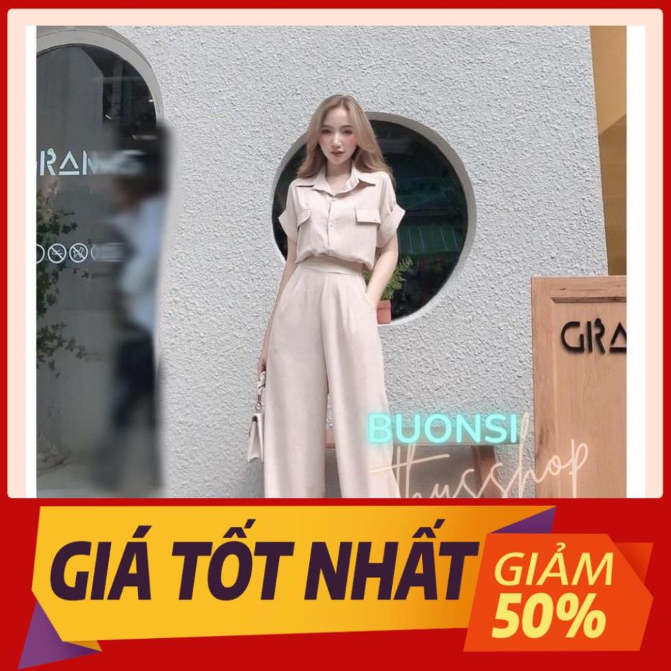 Set bộ đồ nữ trơn rời quần ống rộng áo sơ mi ngắn tay cổ gập thời thượng cá tính THUS SB21D01 ⚡