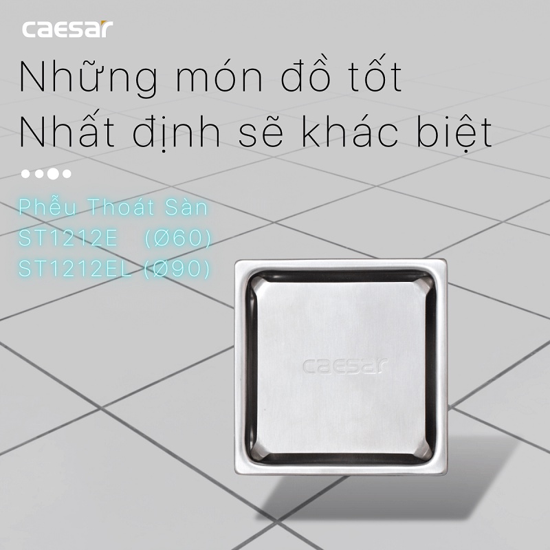Thoát Sàn CAESAR mặt tấm vuông ST1010E ST1212E ST1414E, hố ga thoát nước nhà vệ sinh inox 304