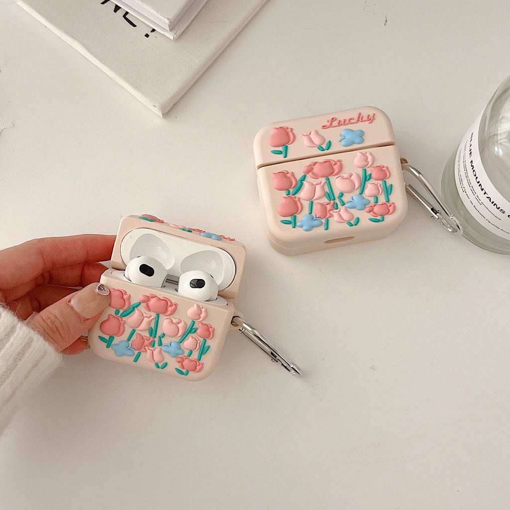 Vỏ Bảo Vệ Hộp Sạc Tai Nghe AirPods 1 2 pro 3 2021 gen3 Bluetooth Không Dây Chất Liệu Silicon Tpu Mềm Hình Hoa Tulip 3D Màu Hồng