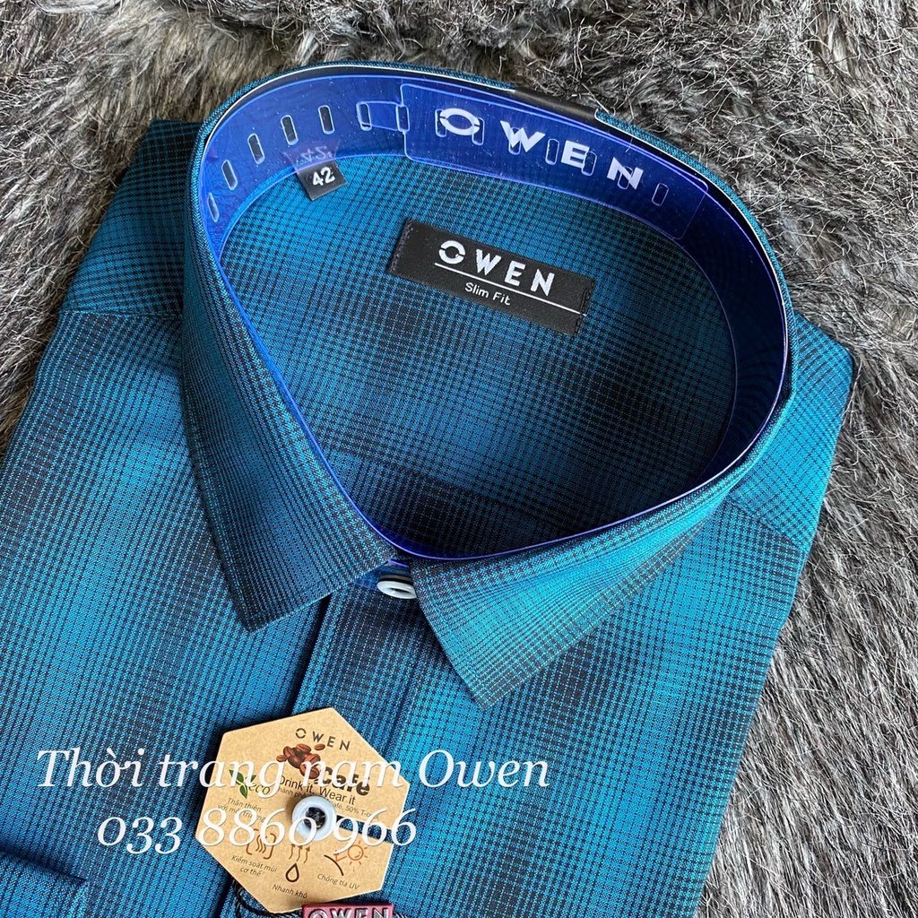 OWEN - Áo sơ mi dài tay Owen Slimfit chất cafe không nhăn kẻ ca rô xanh 23353