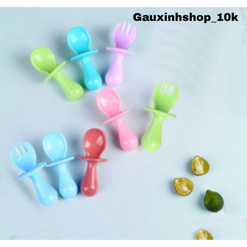 Thìa dĩa tập xúc cán ngắn cho bé tập ăn dặm có nút chặn chống hóc
