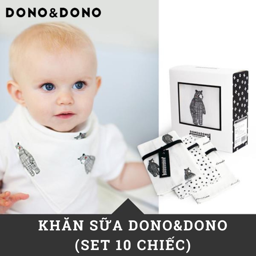 Set 10 khăn sữa DONO &amp; DONO cotton Hàn Quốc hoạ tiết ( kích thước 35x35cm )