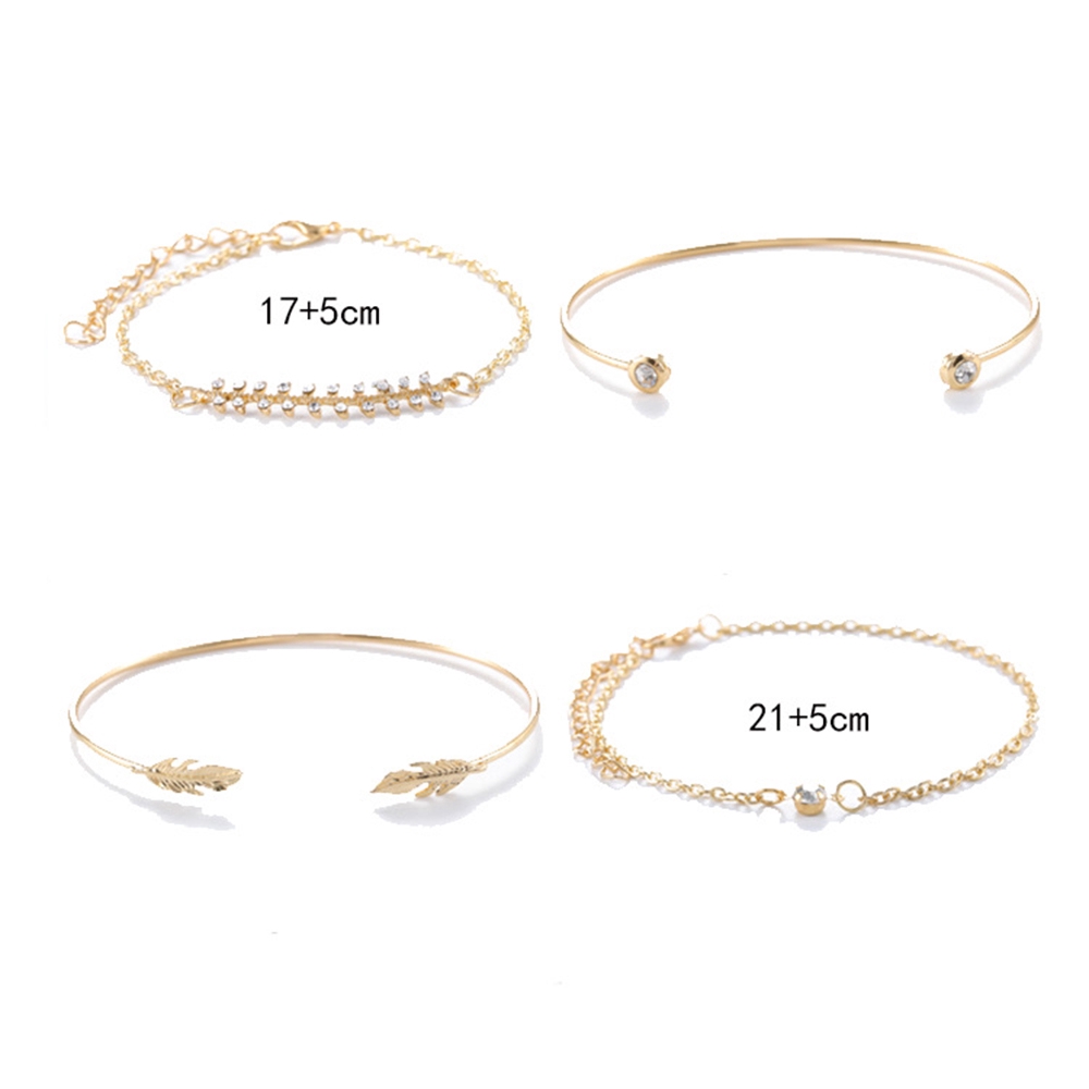 Cod Qipin Korean Charm 4pcs Fashion Rhinestone Gold Leaf Adjustable Opening Bracelet Bangle Set