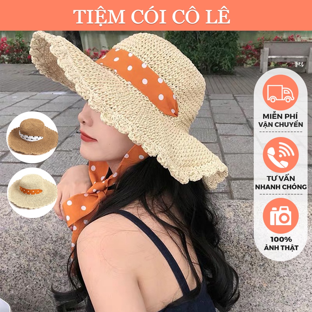 Nón cói rộng vành quai chấm bi đội 2 kiểu đi biển, dã ngoại, chụp ảnh - Tiệm Cói Cô Lê
