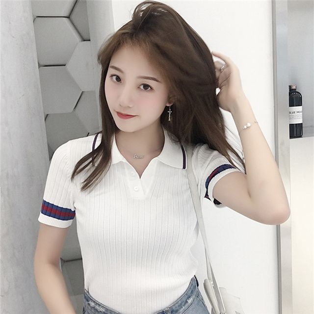Summer women's short-sleeved slim lapel T-shirt ice silk sweater