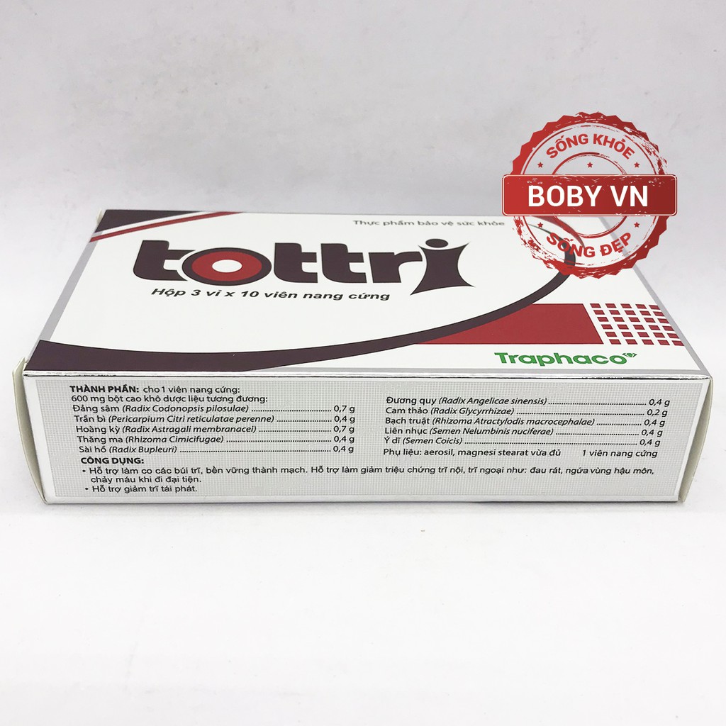TOTTRI - Hỗ trợ cho người bị bệnh Trĩ - Chính hãng Traphaco -  (Hộp 3 vỉ x 10 viên nang cứng)