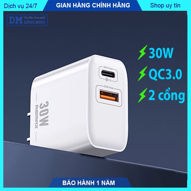 Cục sạc nhanh 30W RP-U82 cục sạc PD30W tích hợp chuẩn QC3.0 2 cổng ra USB và Type-C - DMtech