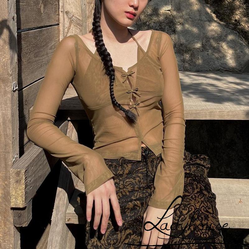 Áo Croptop Tay Dài Dáng Ôm Màu Trơn Xuyên Thấu Đính Nơ Thời Trang Thu Đông Cho Nữ